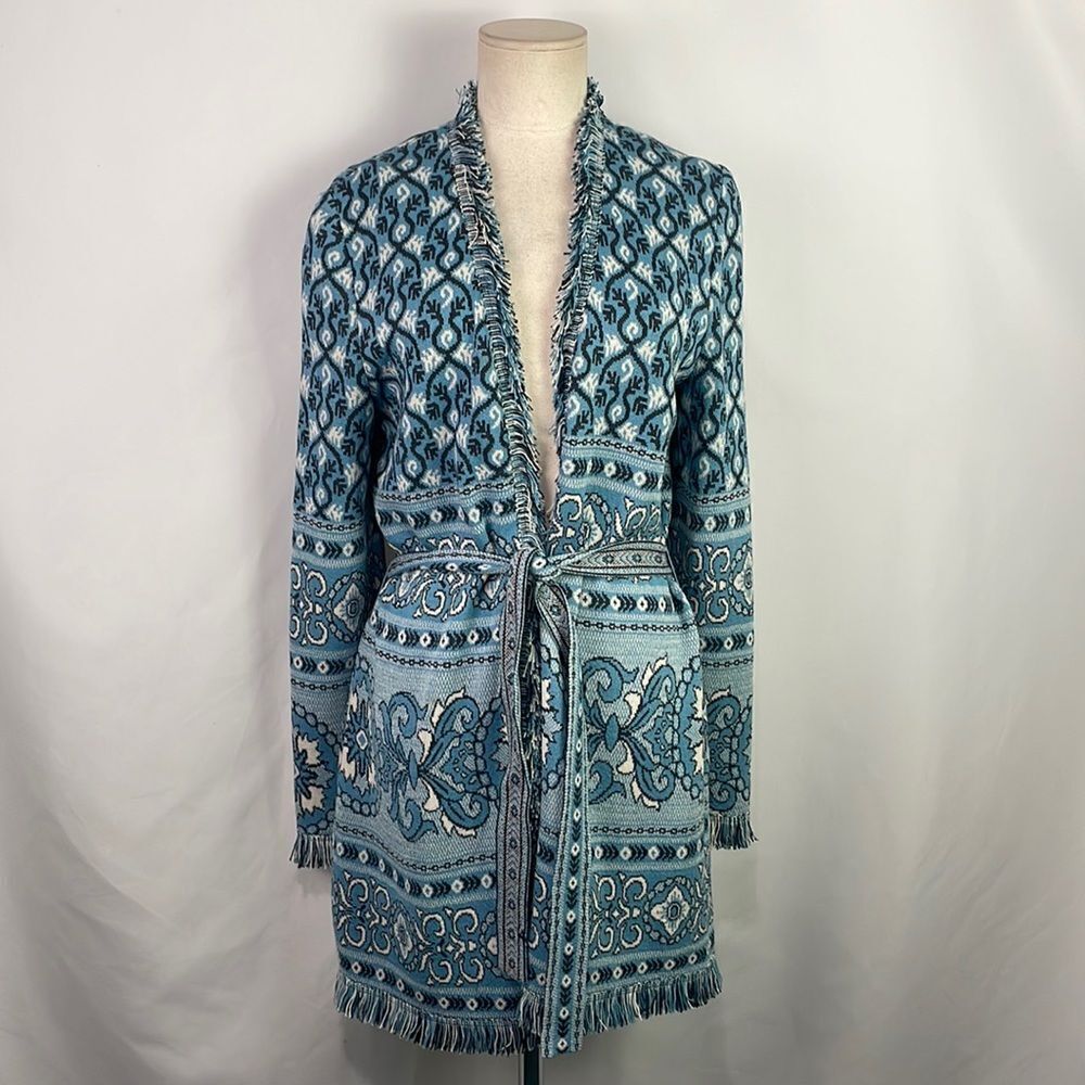 St John Blue Print Long Cardigan With Belt